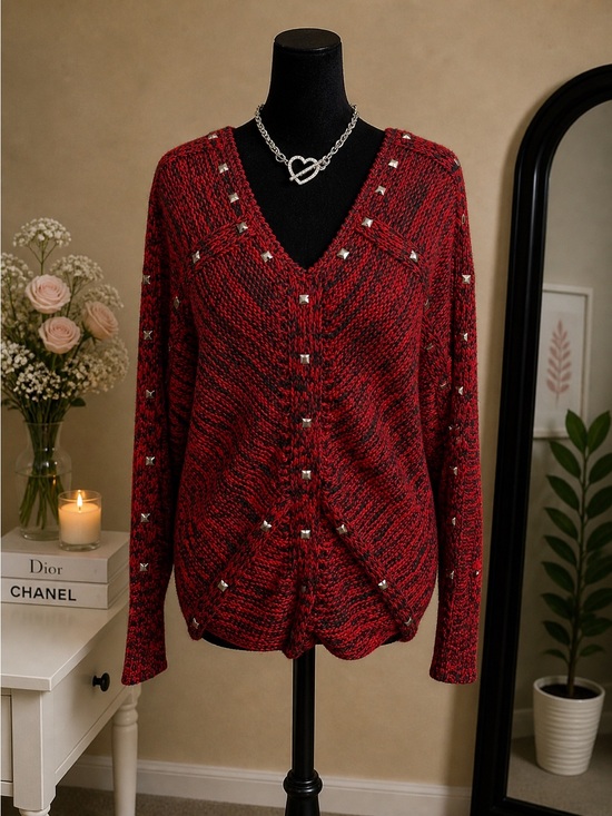 Intrigue Sweaters - Intrigue studded knit sweater red black marled V neck size S Y2K grunge